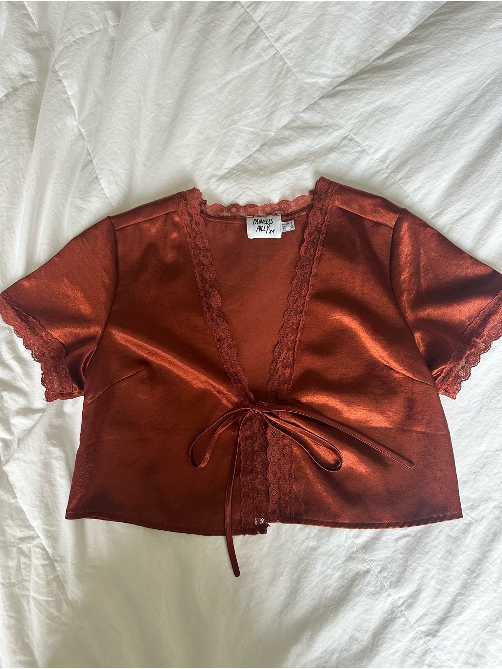 Princess Polly Rust Satin Lace-Trim Tie Front Top